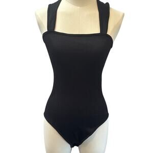 Womens Black Ribbed Sleeveless Bodysuit With Square Neck